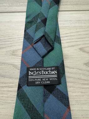 Ingles Buchan Tartan Tie 100% Pure New Wool Made in Scotland Green Blue Plaid